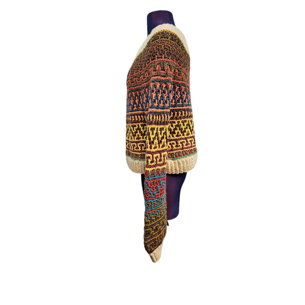 Handmade Crochet Mosaic Sweater Multi Color Geometric Boho Chunky Knit Pullover - Picture 4 of 6